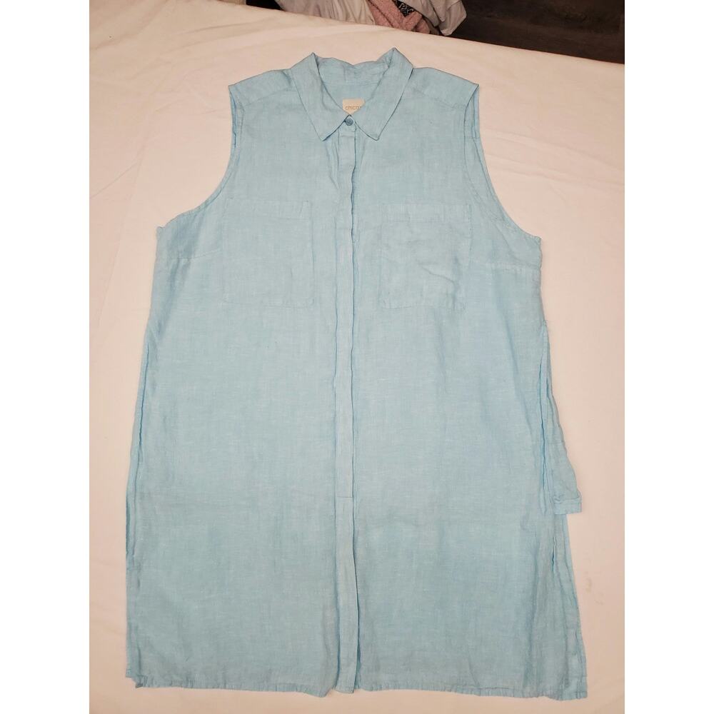 Chico's Sleeveless Linen Button Shirt Sz 3 (XL/16) Light Blue Pockets
